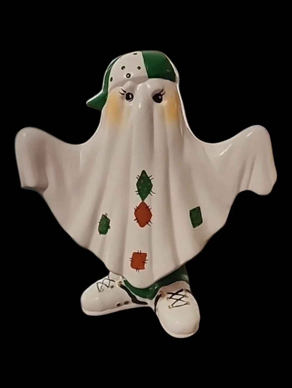 Vintage Ceramic Patchwork Halloween Ghost Wobbler Figurine Spring-Leg Bobbler